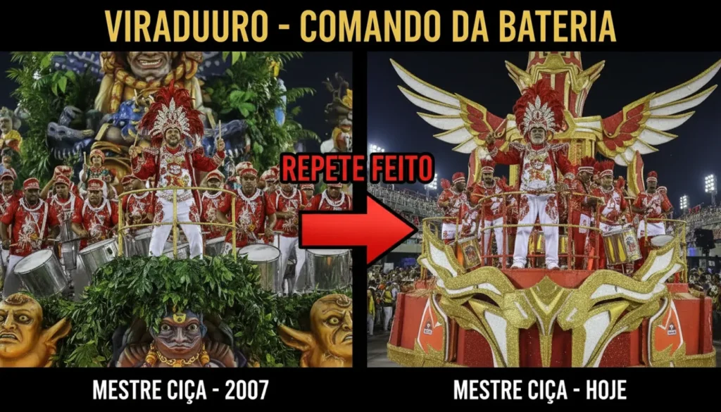 Mestre Ciça revive momento histórico ao comandar bateria da Viradouro sobre carro alegórico