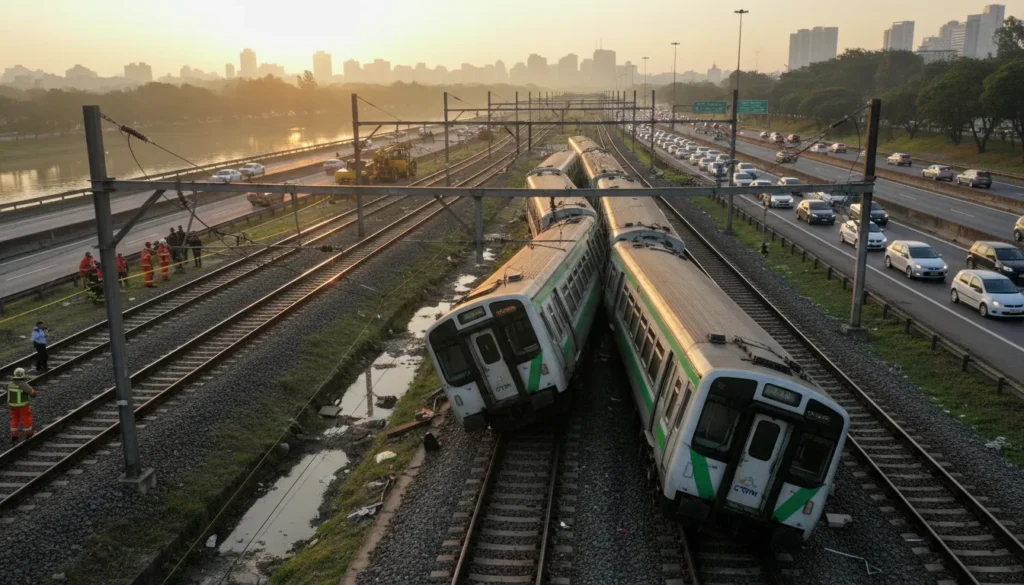 Trem da Linha 9-Esmeralda descarrila próximo à estação Berrini em São Paulo